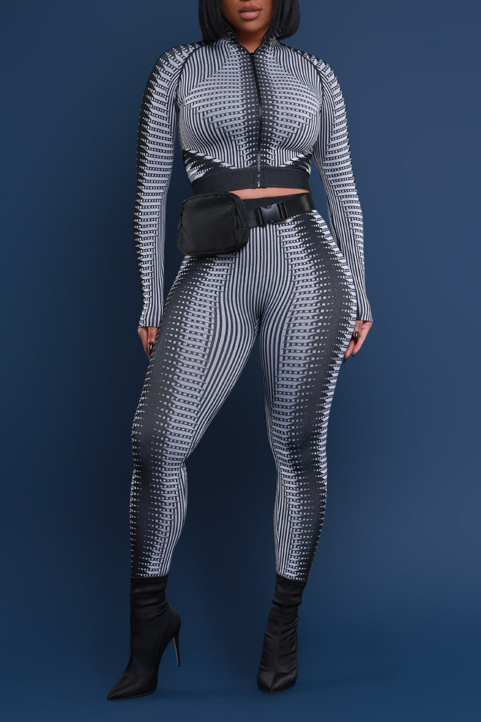 Step Forward FLEX Contrast Print Zip-Up Legging Set - Black / White - Swank A Posh