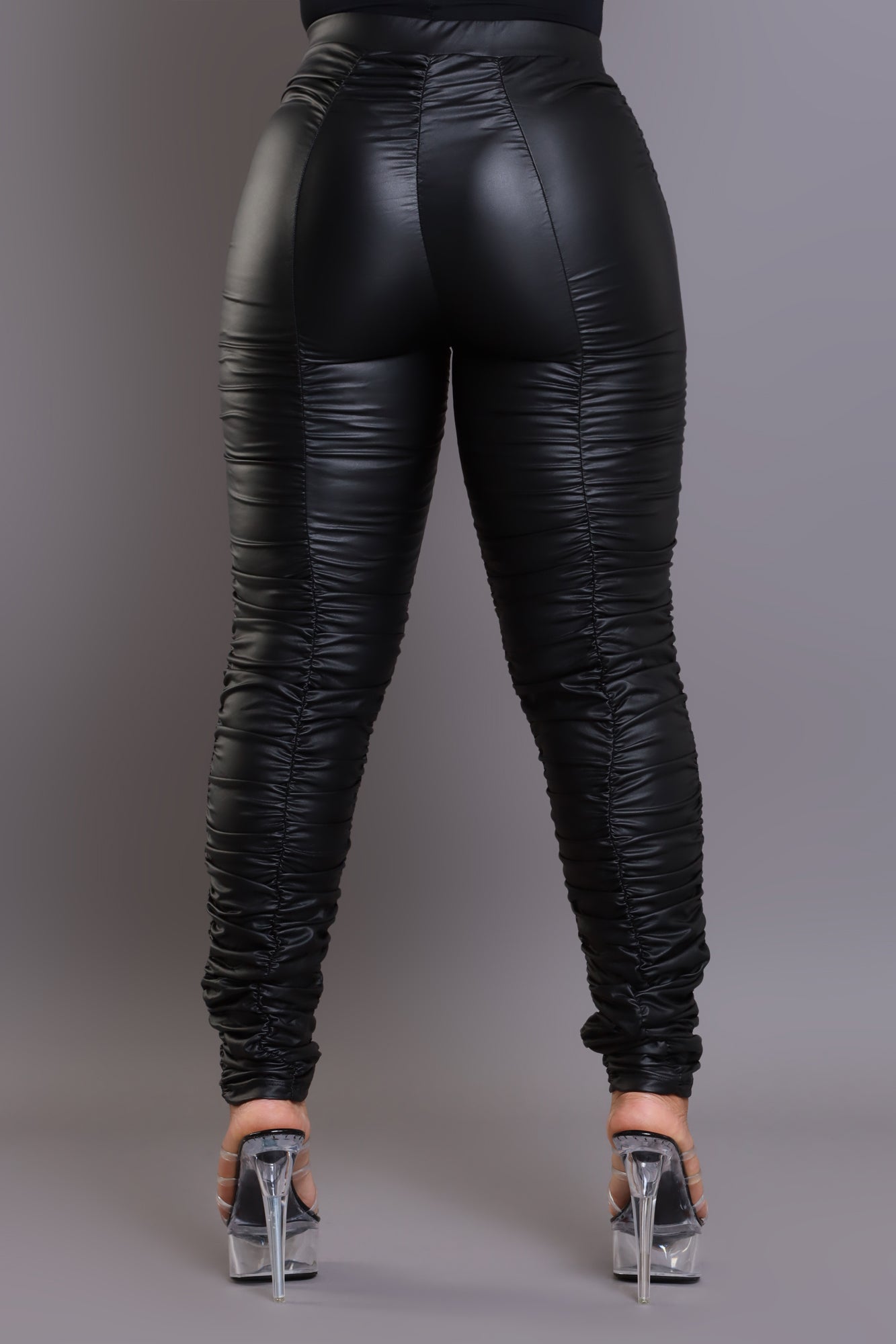 Be Honest Ruched High Waist Pants - Black Faux Leather - Swank A Posh