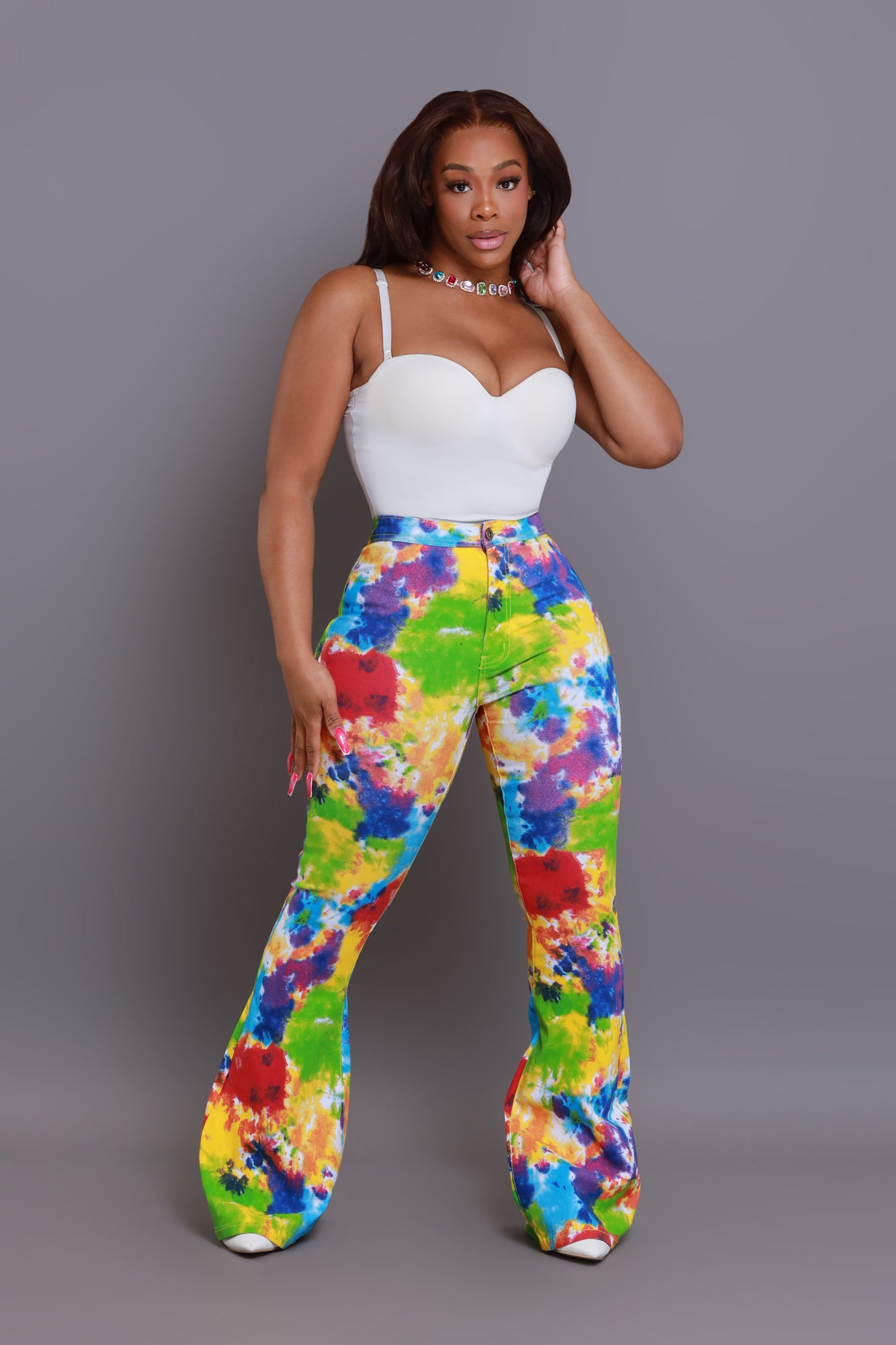 Emotion Tie Dye High Rise Flare Stretchy Jeans - Rainbow - Swank A Posh