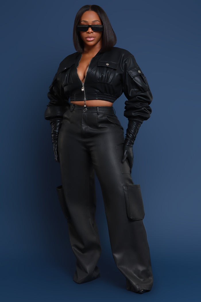 Night Watch Faux Leather Cargo Pants - Black - Swank A Posh