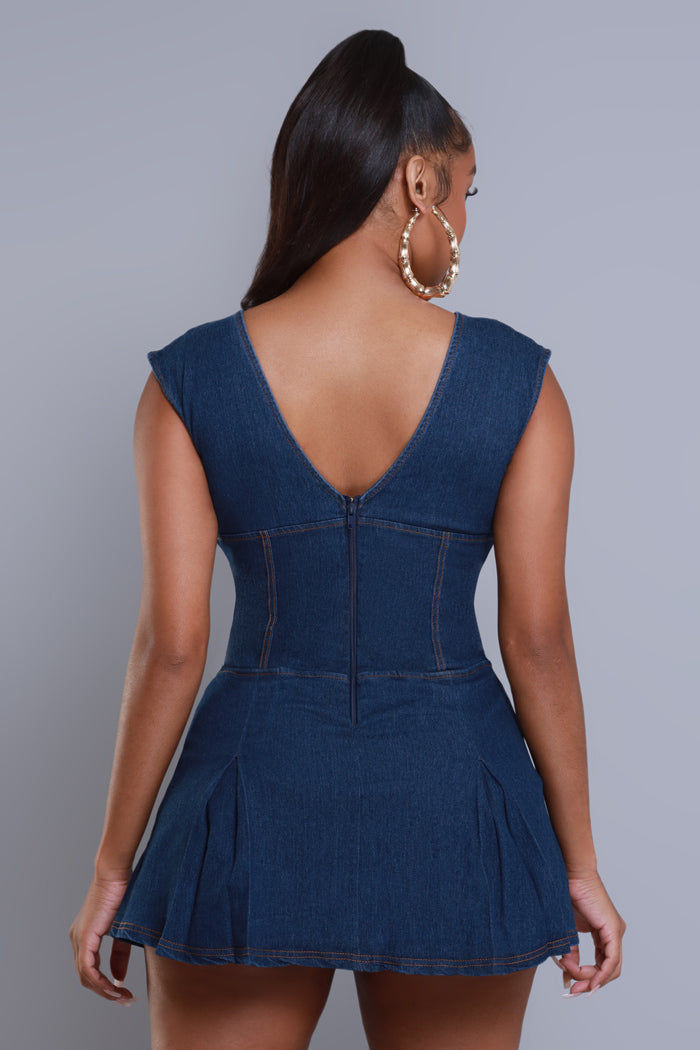 Almost Done Pleated Denim Mini Romper - Medium Wash - Swank A Posh