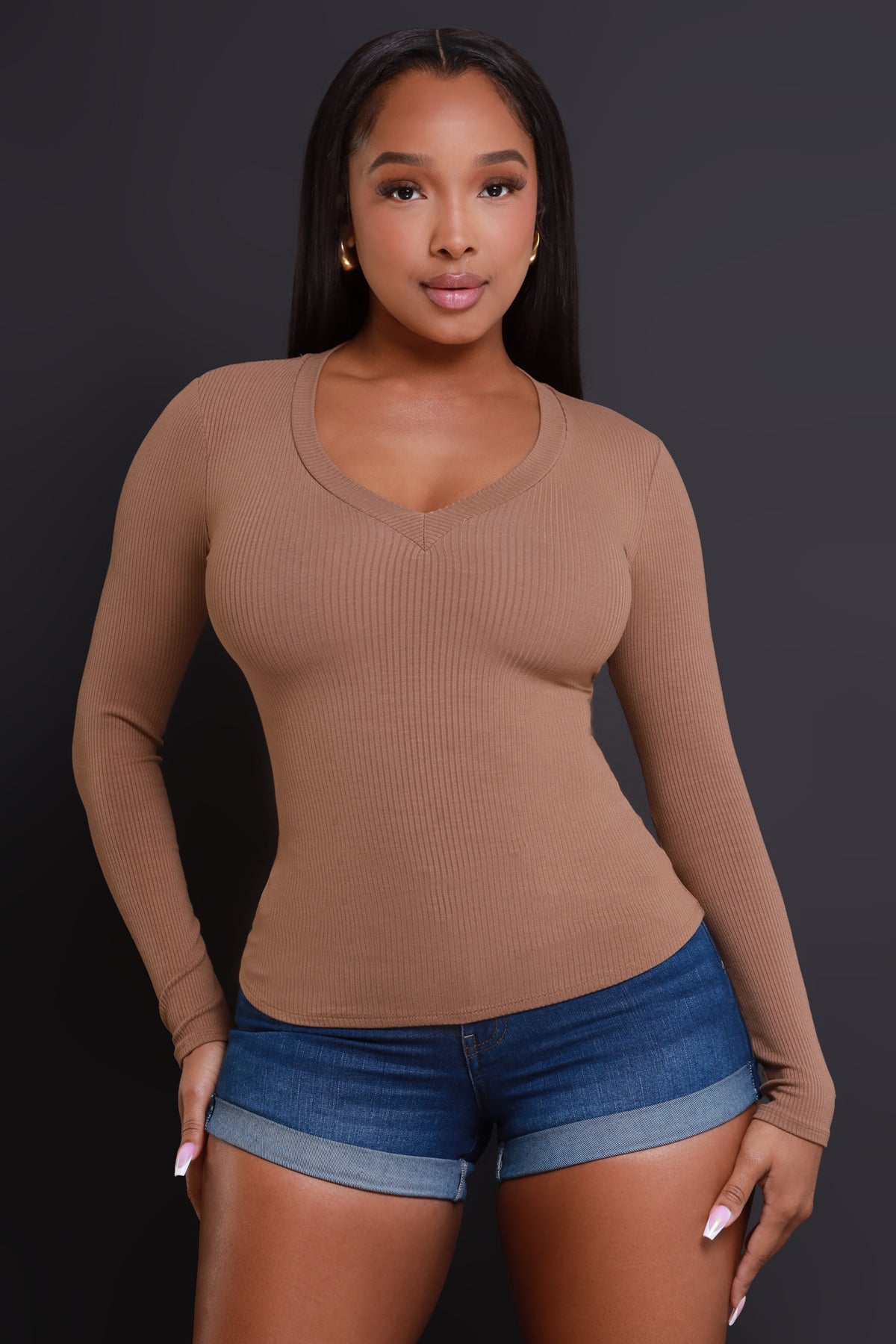 
              What It Is Cellulite Deleter Long Sleeve Ribbed Top - Mocha - Swank A Posh
            