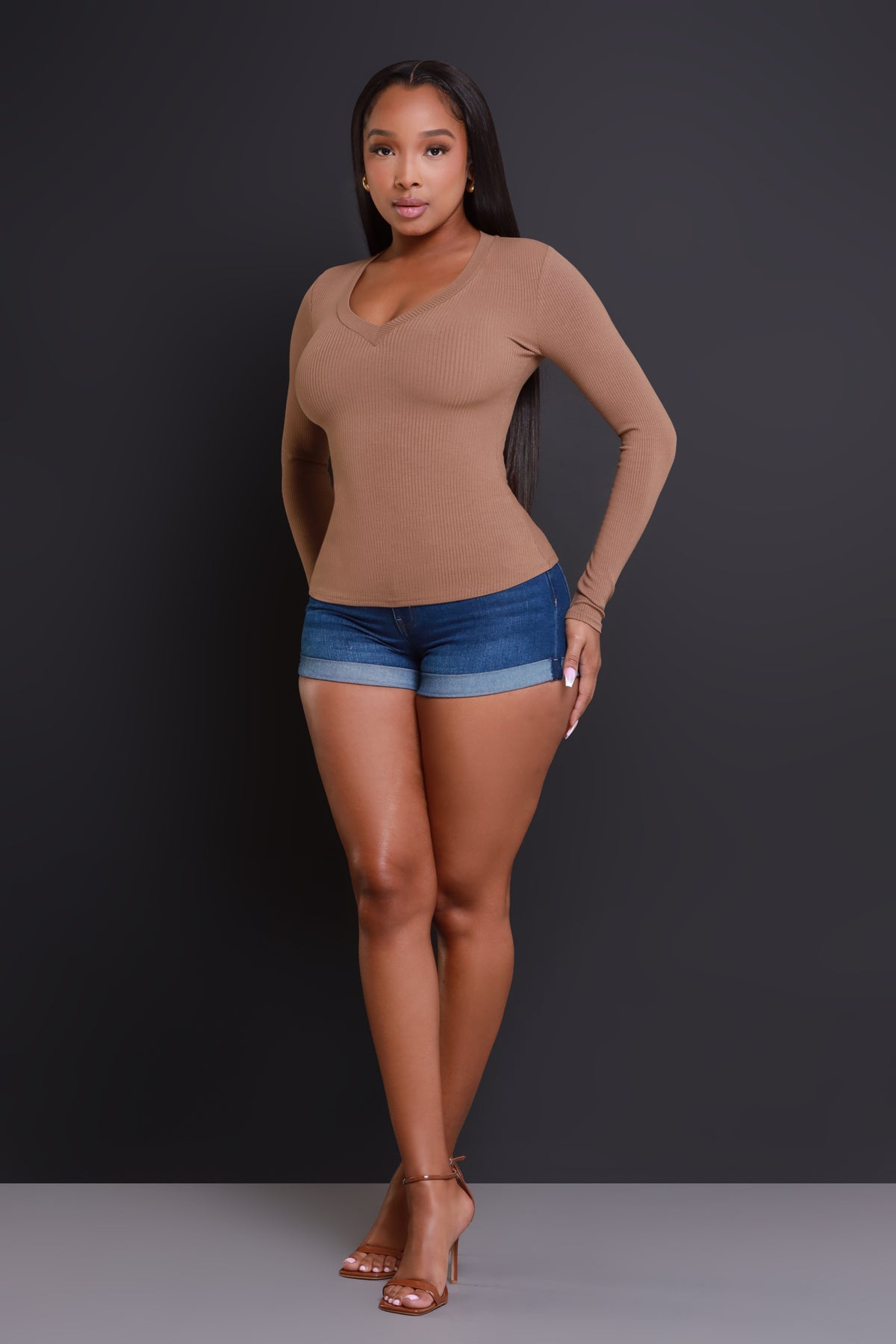 
              What It Is Cellulite Deleter Long Sleeve Ribbed Top - Mocha - Swank A Posh
            