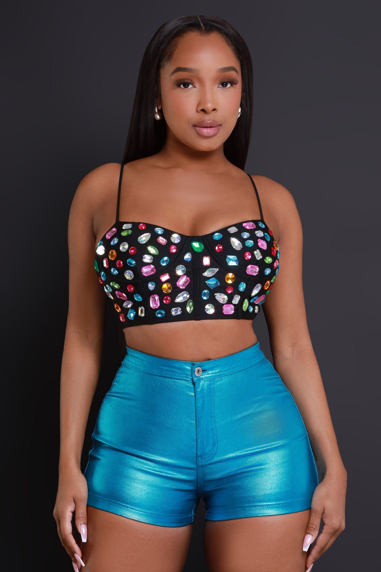 Rich Flex Jewel Embellished Corset Crop Top - Black - Swank A Posh