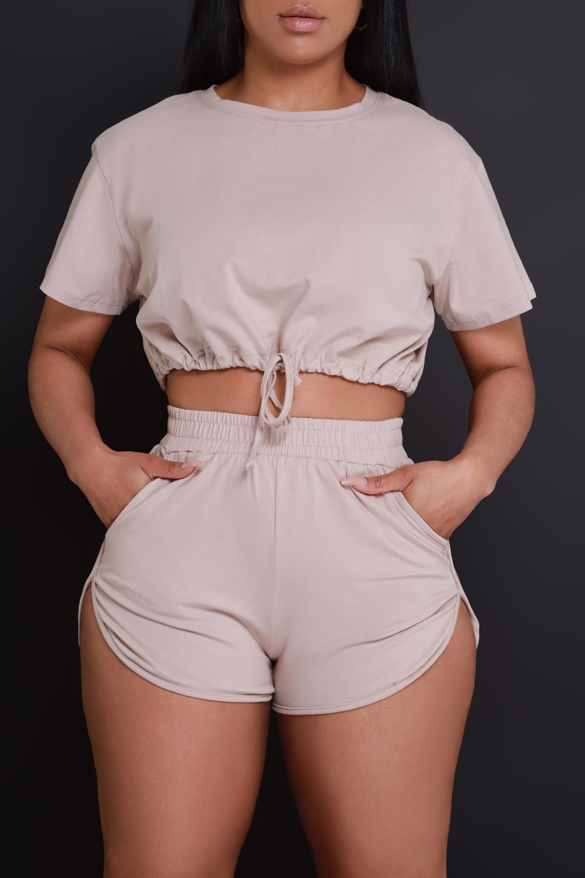 
              High Notes Cropped Shorts Set - Taupe - Swank A Posh
            