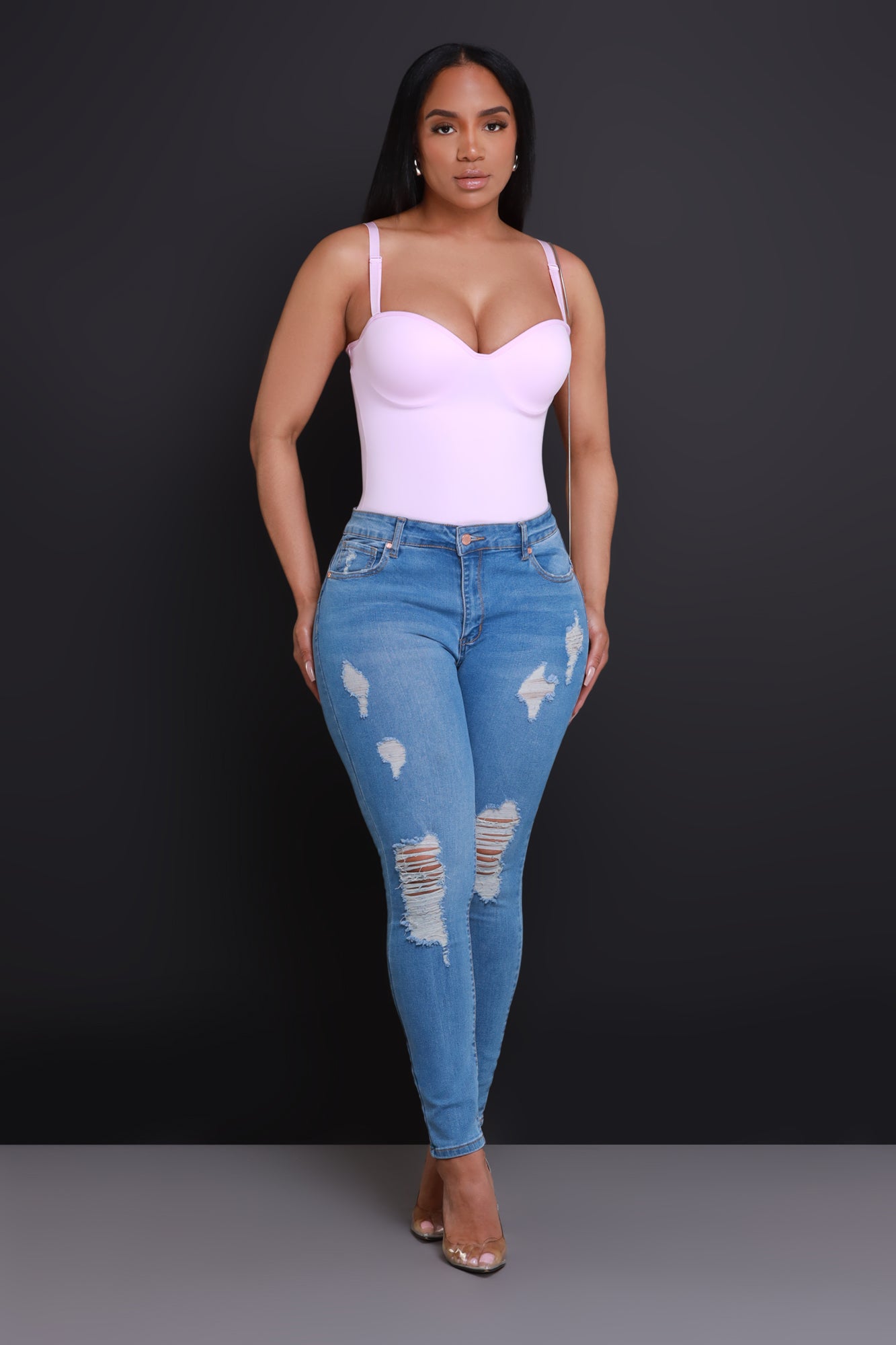 Heads Or Tails Hourglass Distressed Stretchy Jeans - Medium Wash - Swank A Posh