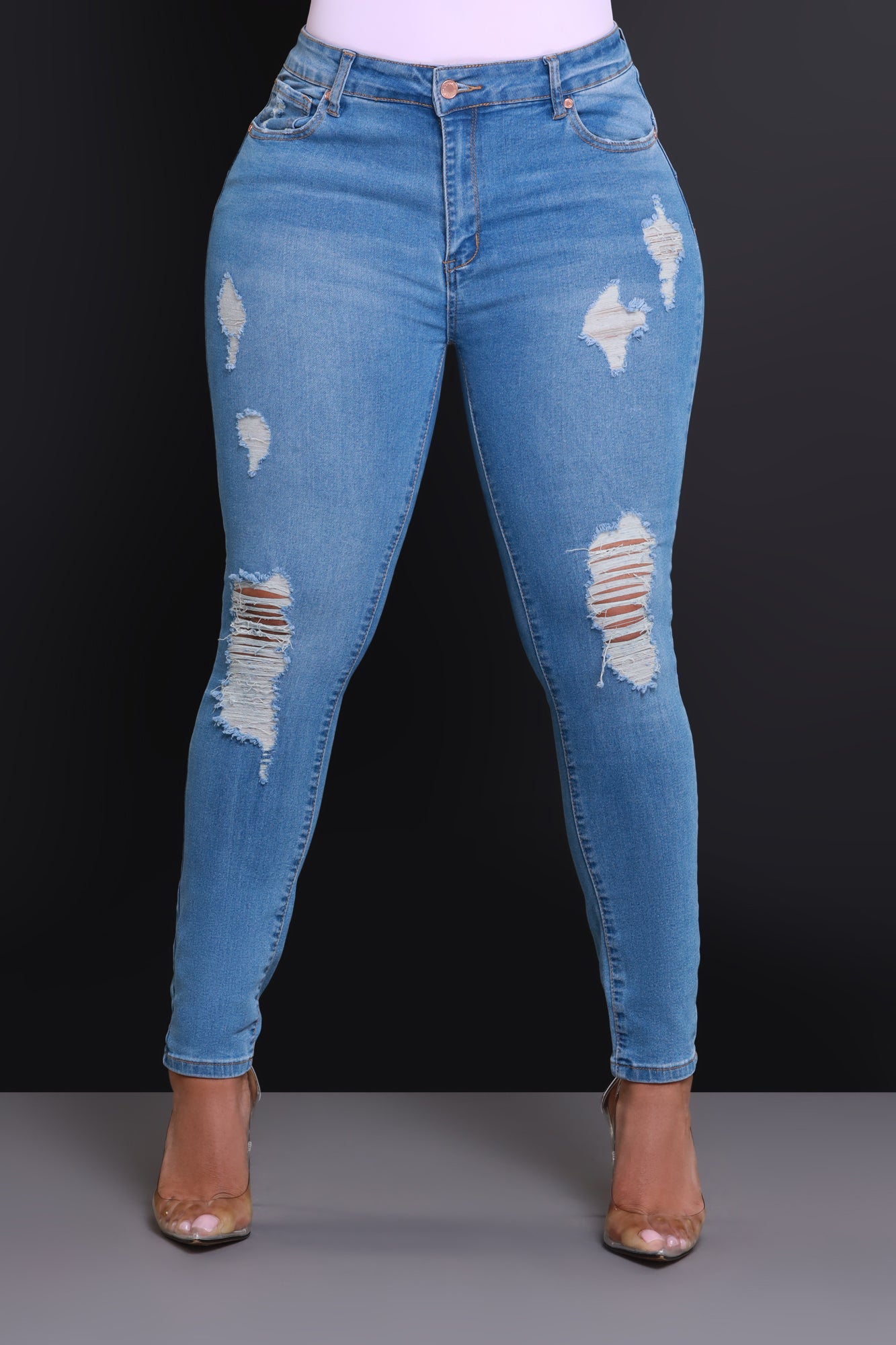 Heads Or Tails Hourglass Distressed Stretchy Jeans - Medium Wash - Swank A Posh