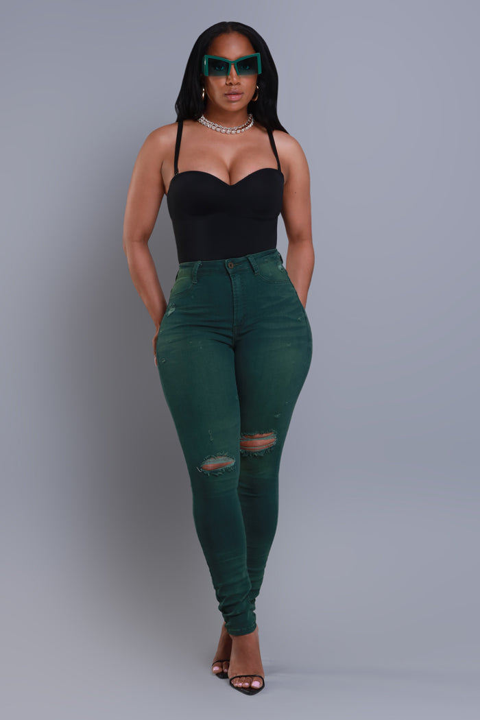 On Your Mind Distressed Skinny Jeans - Green Wash - Swank A Posh