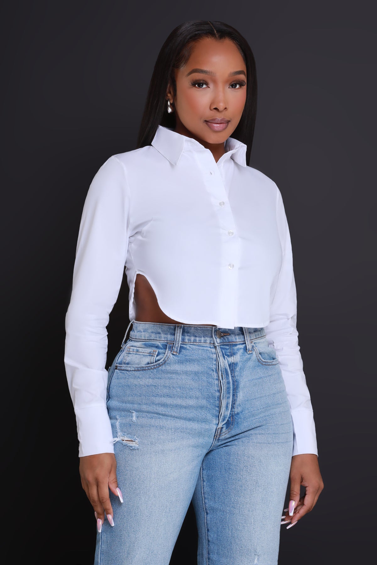 
              Chart Topper Cropped Button Up Top - White - Swank A Posh
            