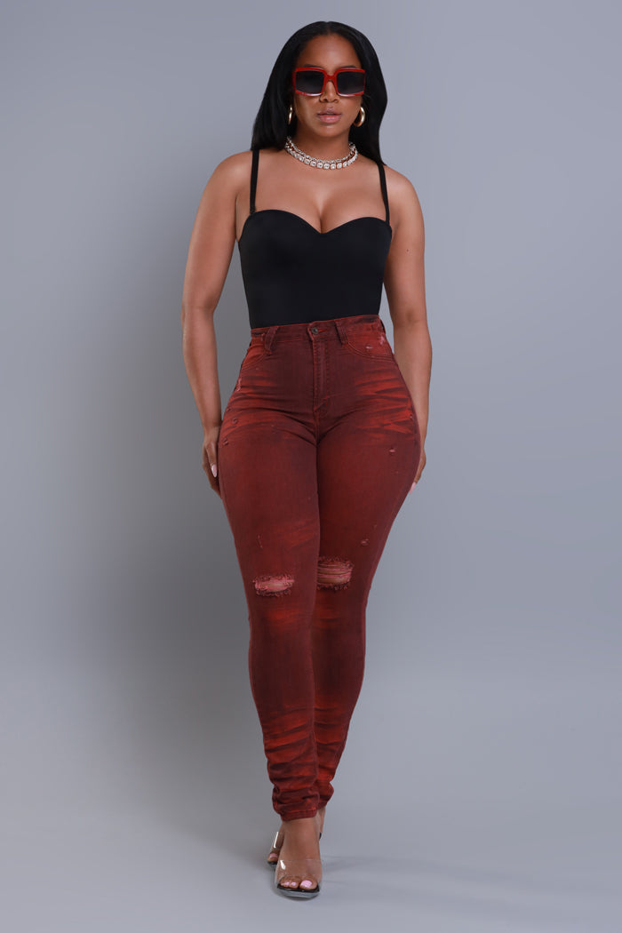 On Your Mind Distressed Skinny Jeans - Burgundy Wash - Swank A Posh