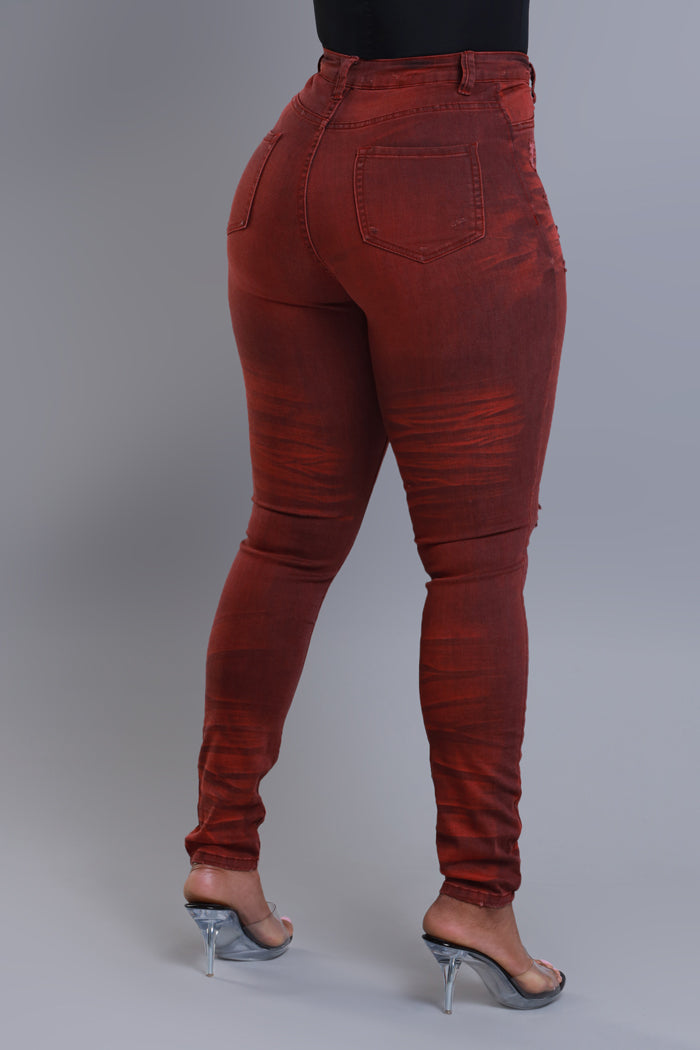 On Your Mind Distressed Skinny Jeans - Burgundy Wash - Swank A Posh