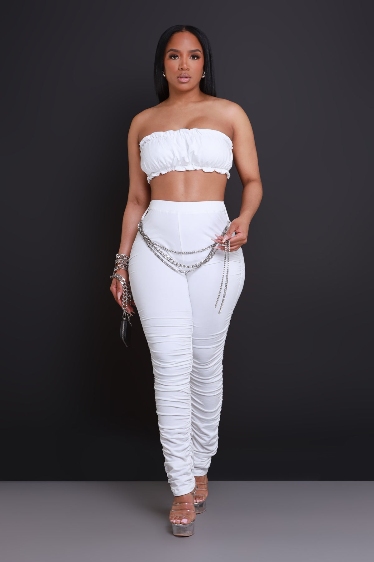 
              Handle It Chain Detailed Ruched Legging Set - White - Swank A Posh
            