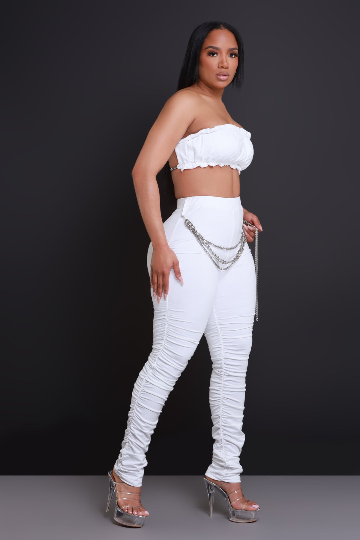 
              Handle It Chain Detailed Ruched Legging Set - White - Swank A Posh
            