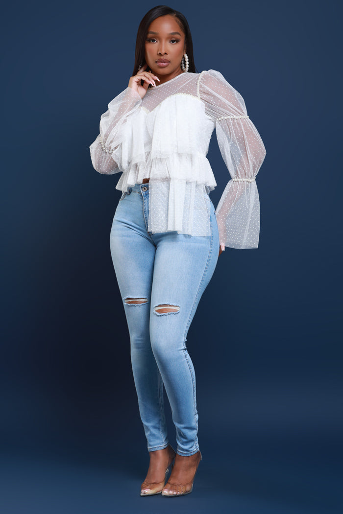 Wave Goodbye Pearl Embellished Lace Blouse - White - Swank A Posh