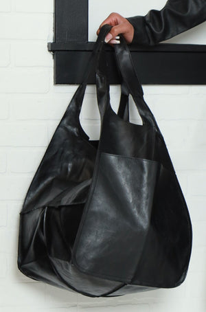 Black Leather-Look Slouchy Tote Bag