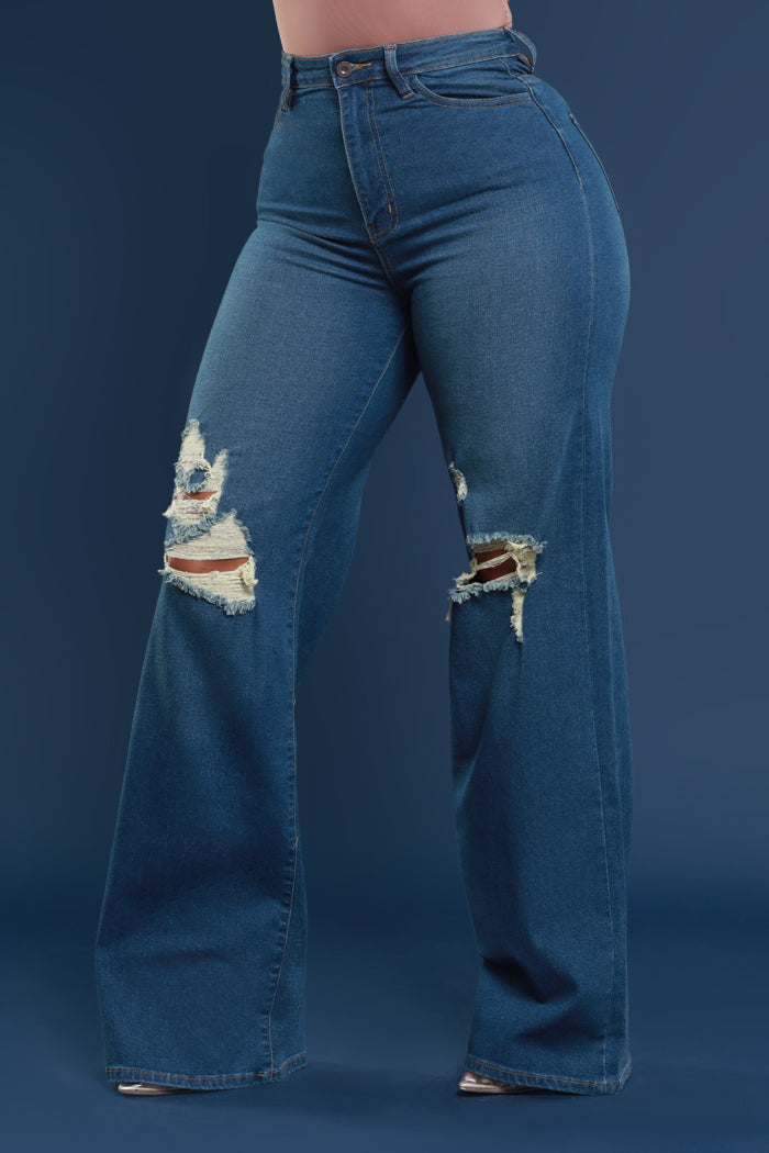 Just Kidding High Rise Distressed Wide Leg Jeans - Med Wash - Swank A Posh