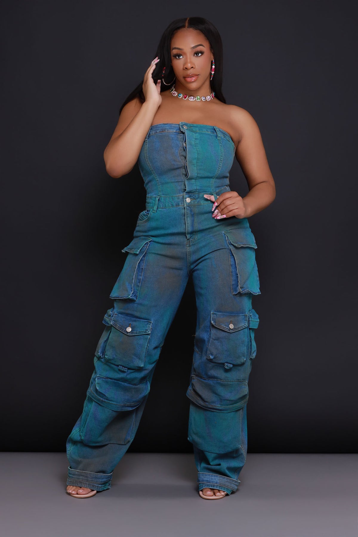 
              Can&#39;t Beat It Strapless Cargo Jumpsuit - Blue/Green - Swank A Posh
            