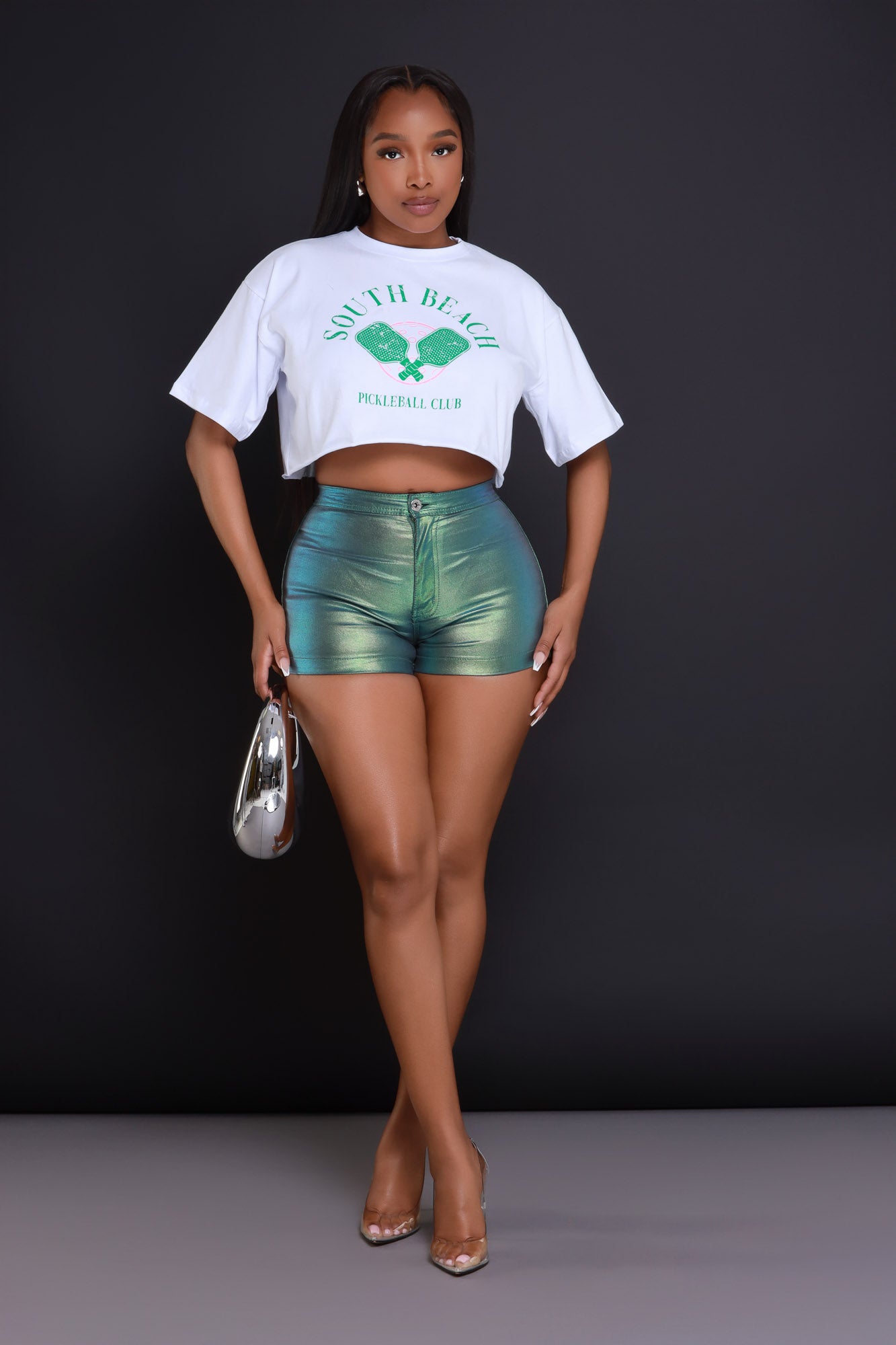 Heat Wave High Waist Metallic Shorts - Green - Swank A Posh