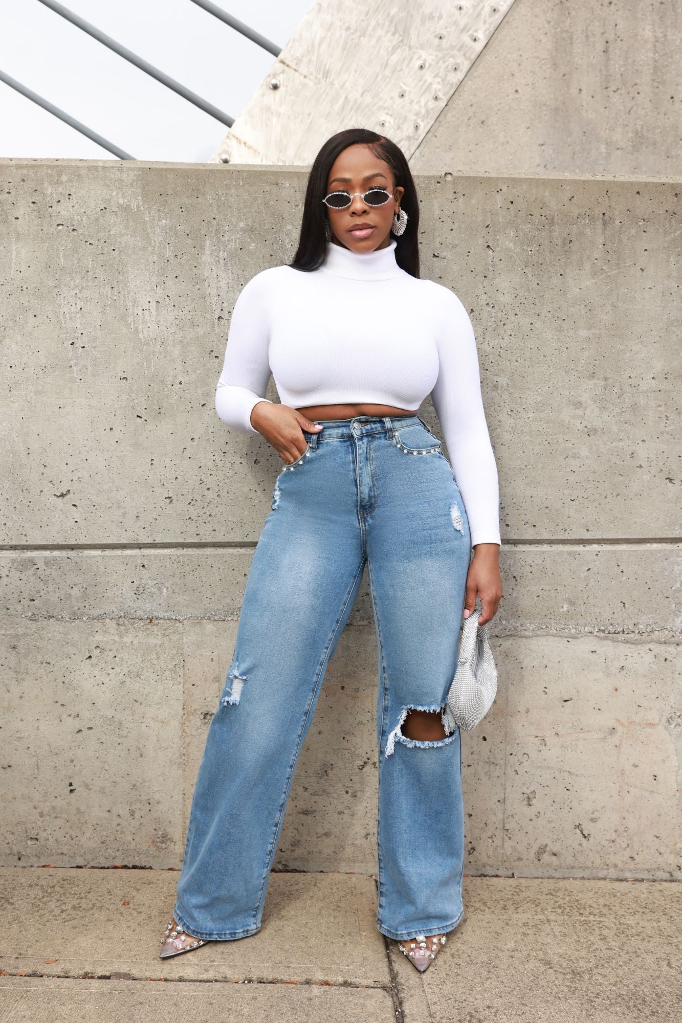 Give The World High Rise Rhinestone Studded Jeans - Med Wash - Swank A Posh