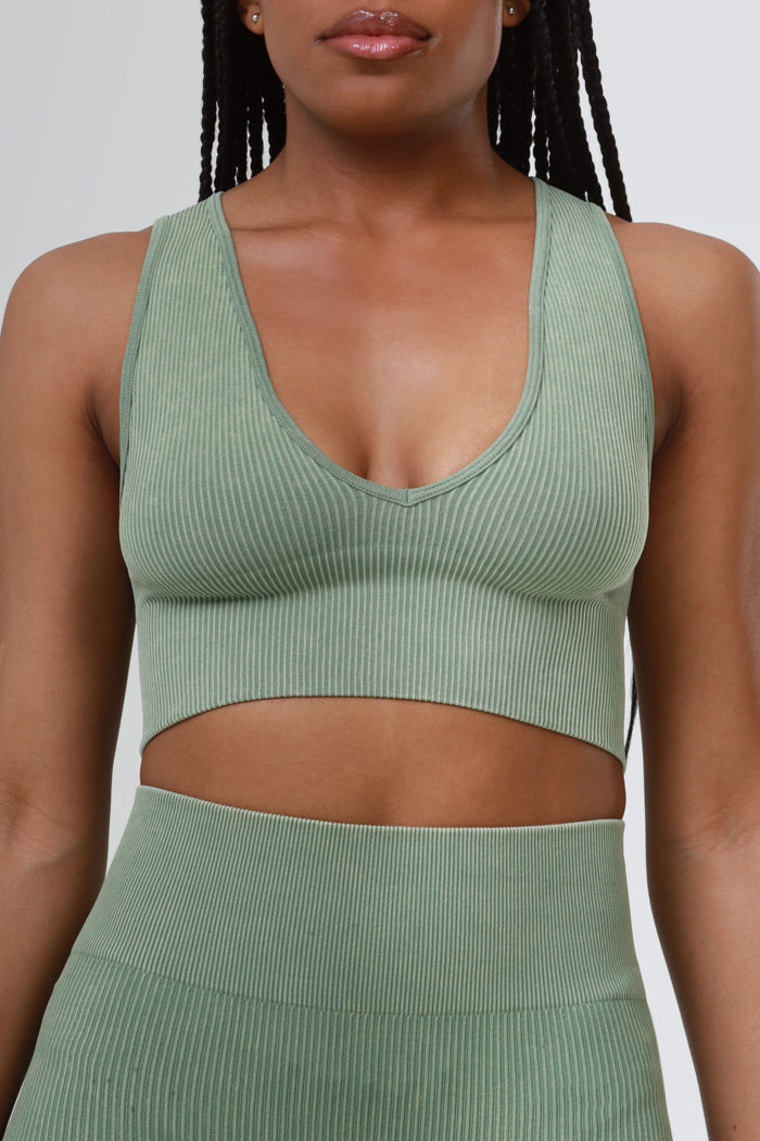 Morning Glow Cellulite Deleter Ribbed V-Neck Crop Top - Sage