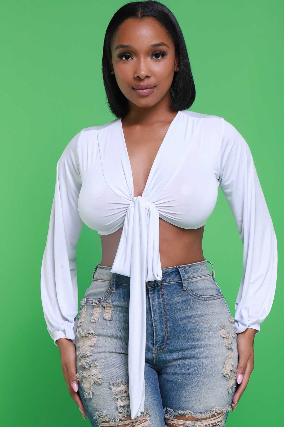 
              Please Hold Long Sleeve Tie Up Crop Top - White - Swank A Posh
            