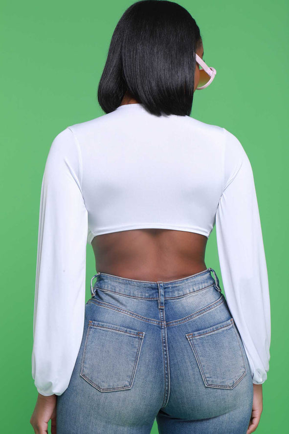 Please Hold Long Sleeve Tie Up Crop Top - White - Swank A Posh