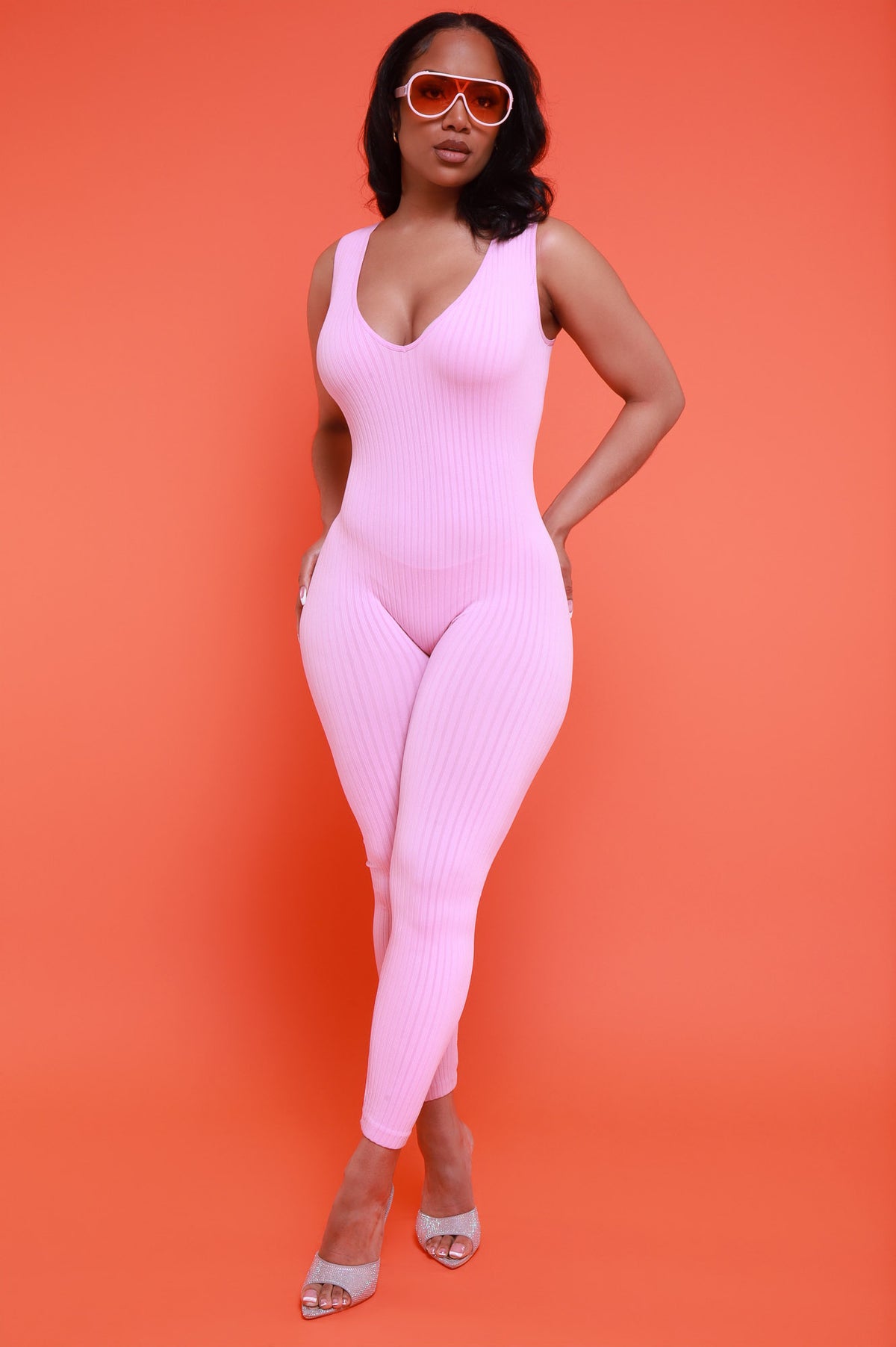 
              Iconic Sleeveless V-Neck Seamless Ribbed Jumpsuit - Pink - Swank A Posh
            