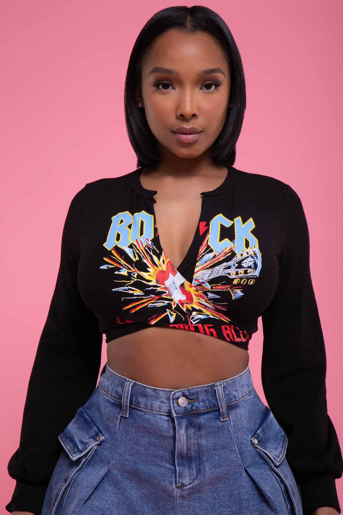 black graphic crop top