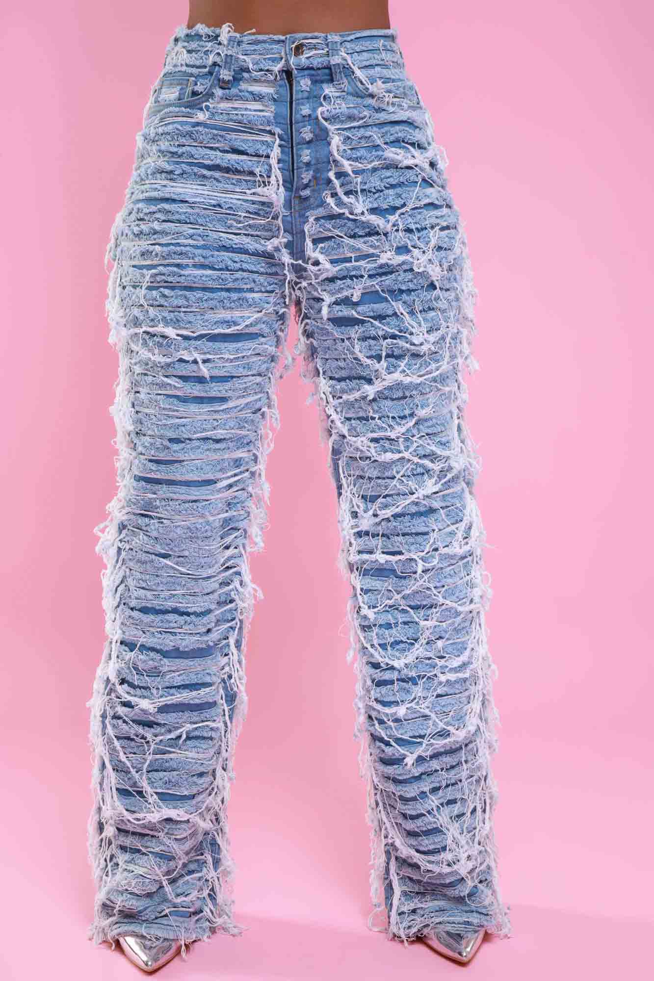 Tear It Up Ultra Distressed Wide Leg Jeans - Medium Wash - Swank A Posh