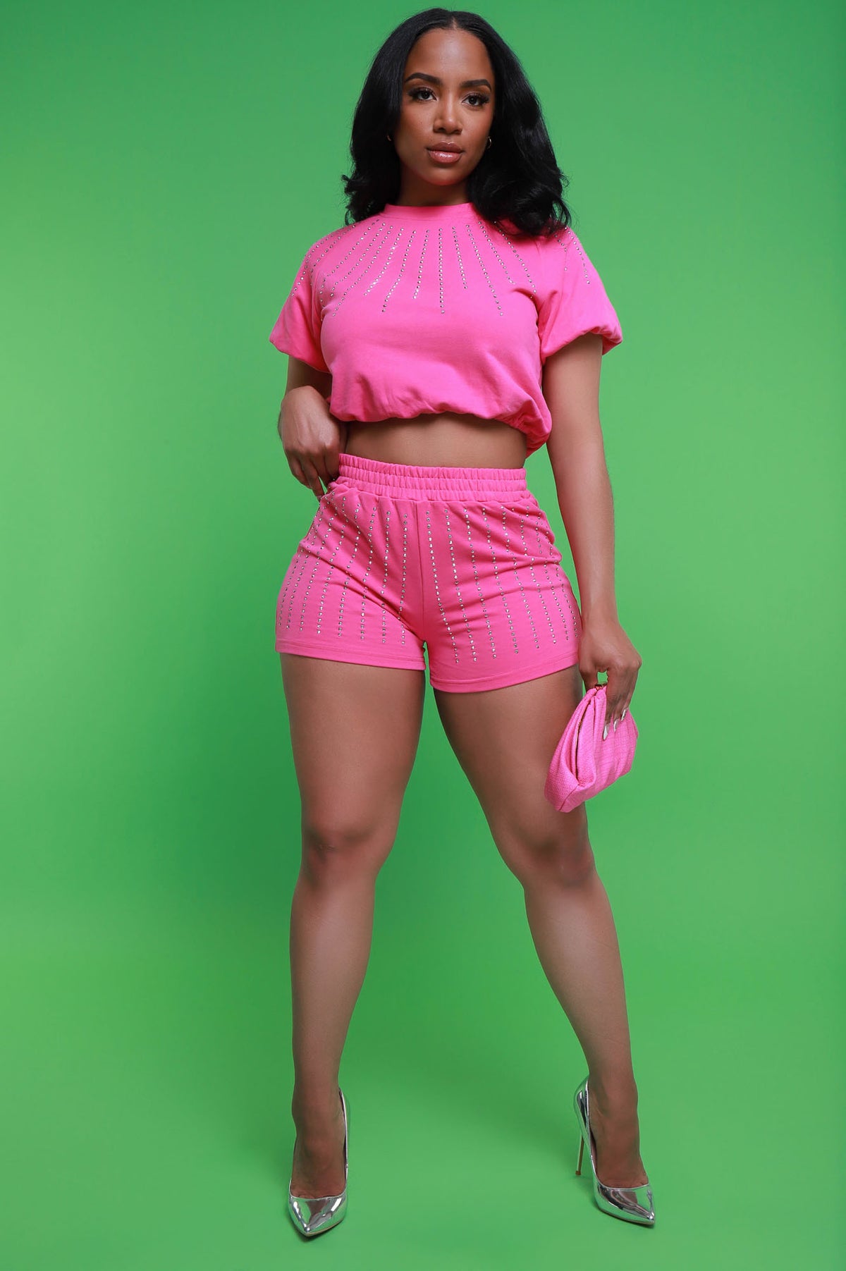 
              Material Girl Rhinestone Studded Shorts Set - Pink - Swank A Posh
            