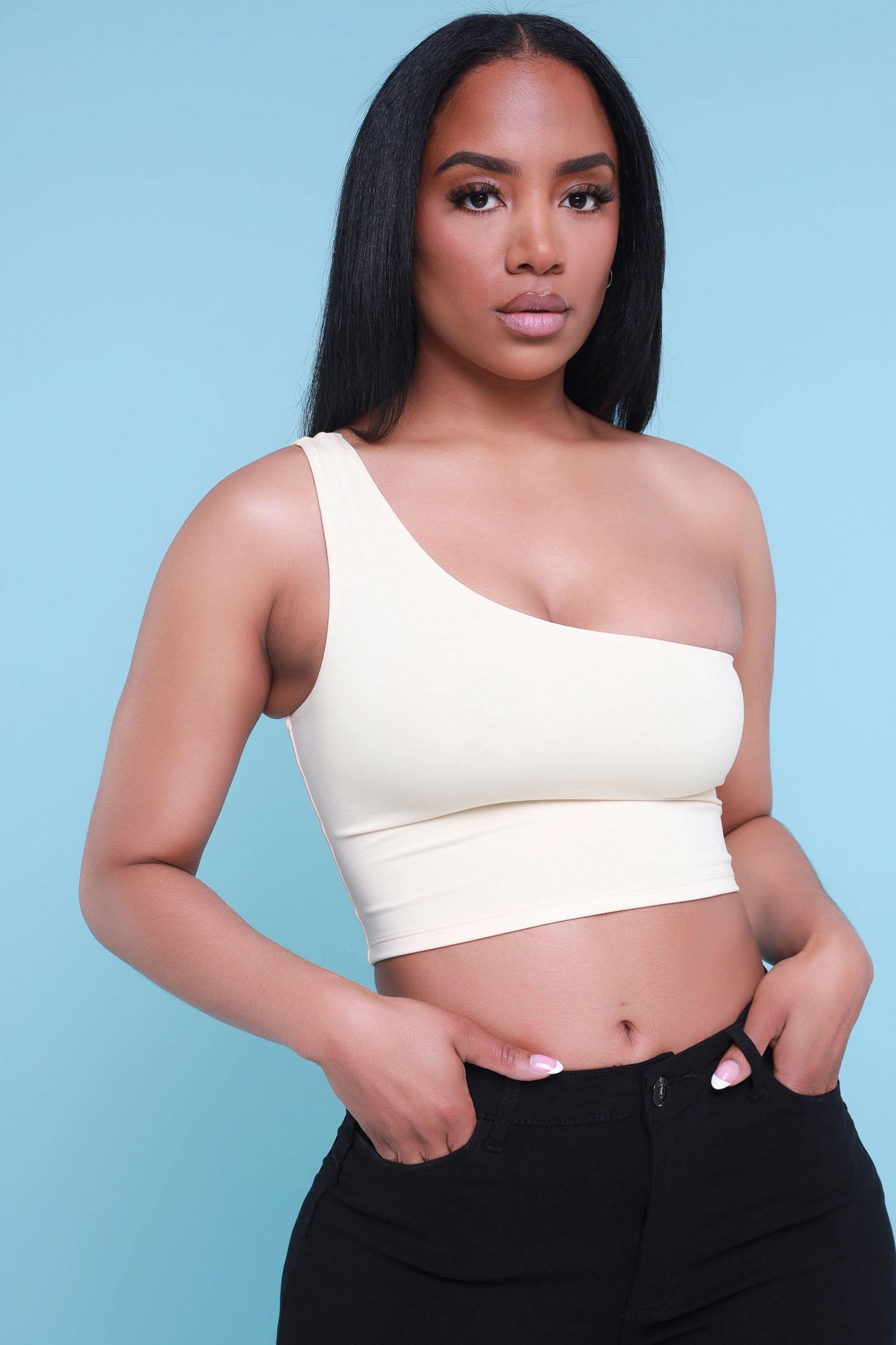 Circus One Shoulder Crop Top - Cream - Swank A Posh