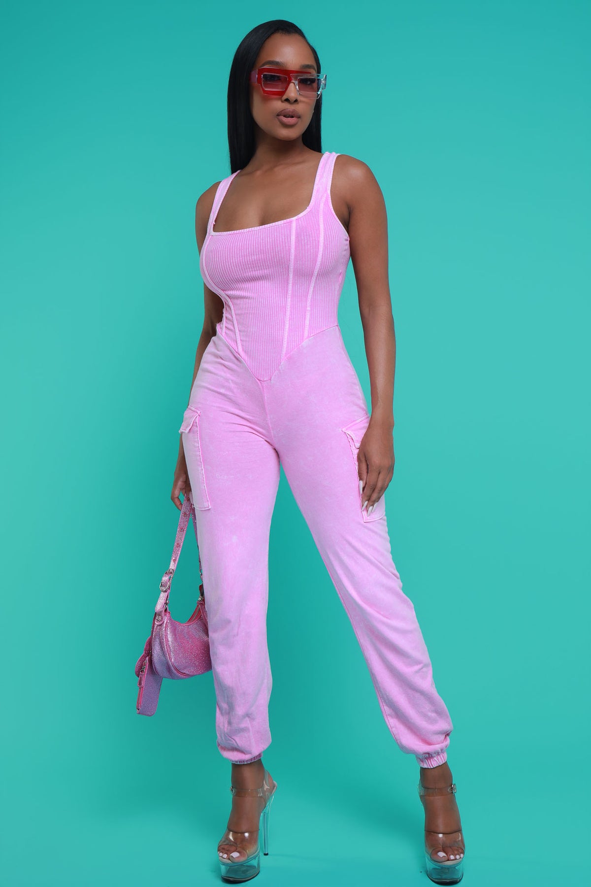 
              Sidetracked Sleeveless Cargo Jumpsuit - Pink Mineral Wash - Swank A Posh
            