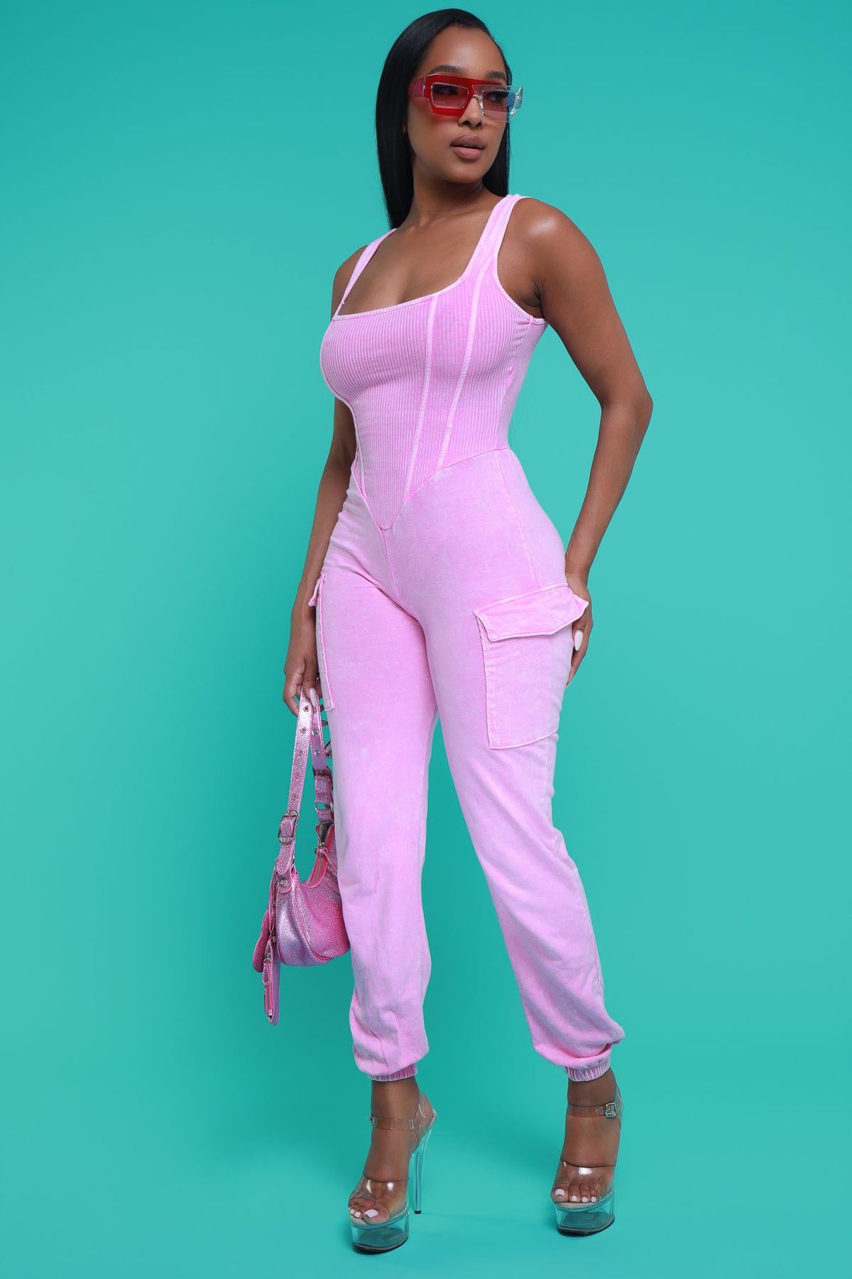 
              Sidetracked Sleeveless Cargo Jumpsuit - Pink Mineral Wash - Swank A Posh
            