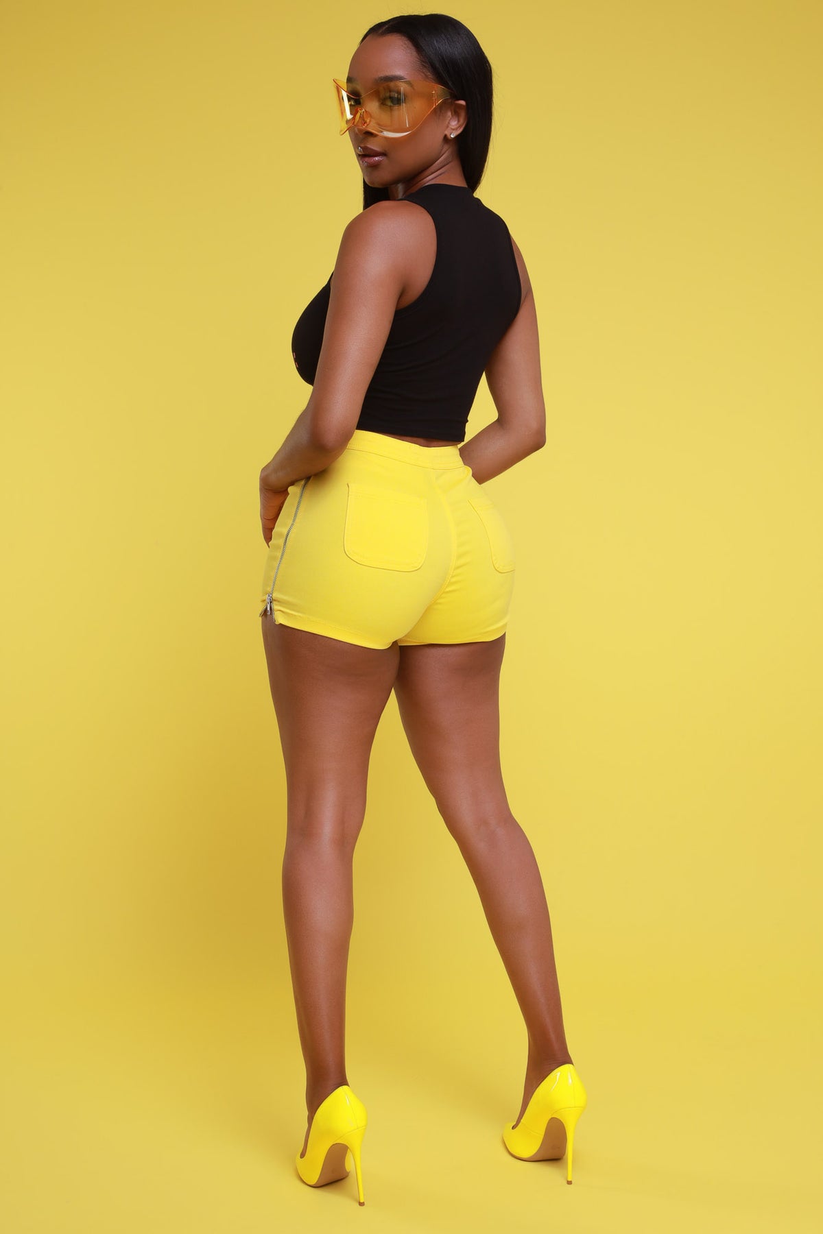 
              Get A Taste High Rise Zip Up Shorts - Yellow - Swank A Posh
            