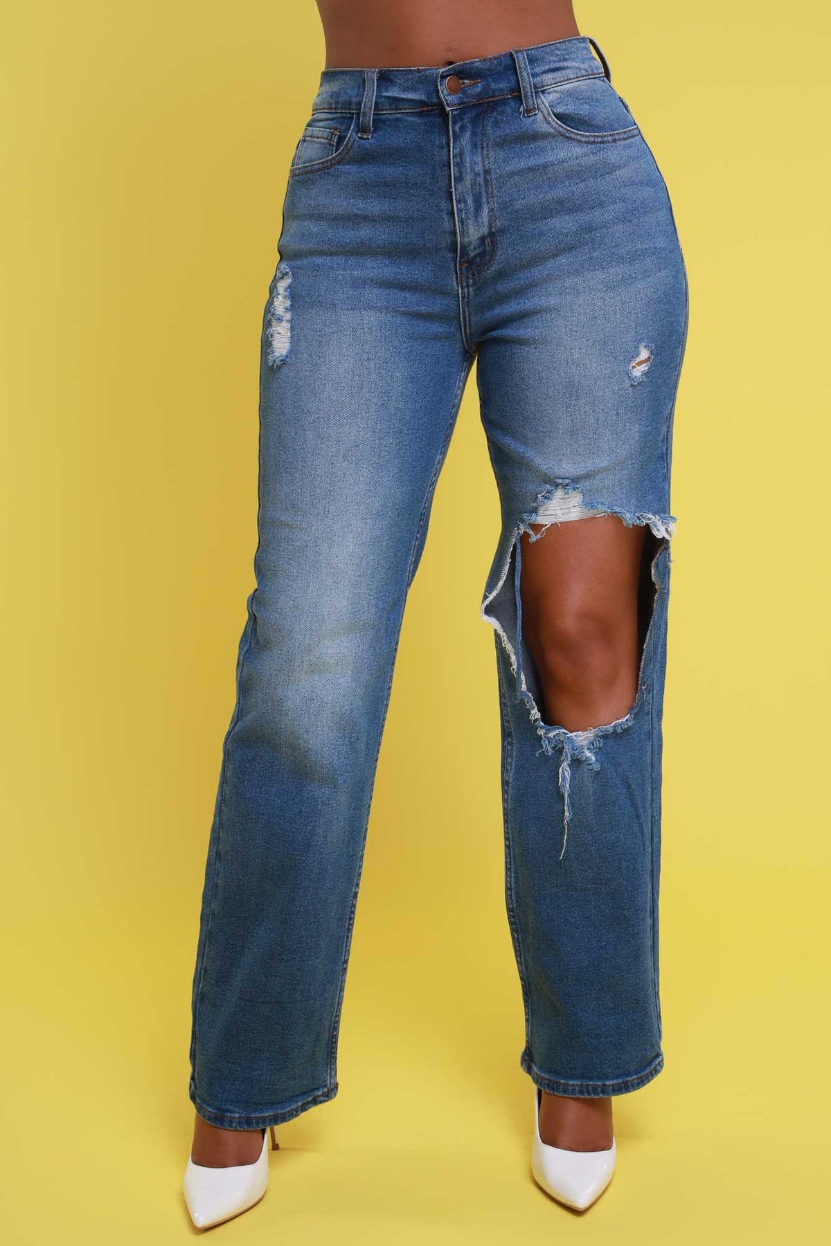 
              No Cap High Rise Distressed Bootcut Jeans - Medium Stone - Swank A Posh
            