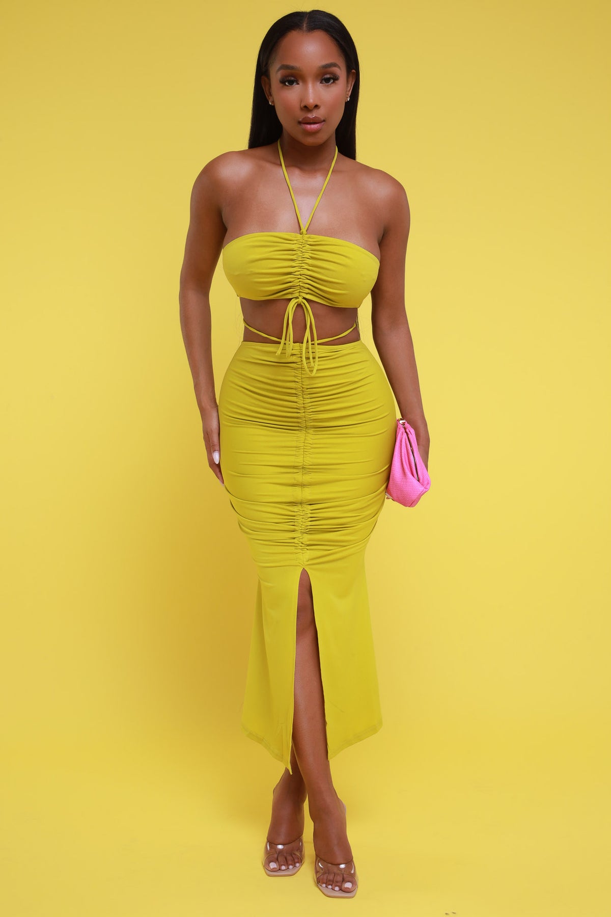 
              Be Kind Ruched Cropped Skirt Set - Chartreuse - Swank A Posh
            