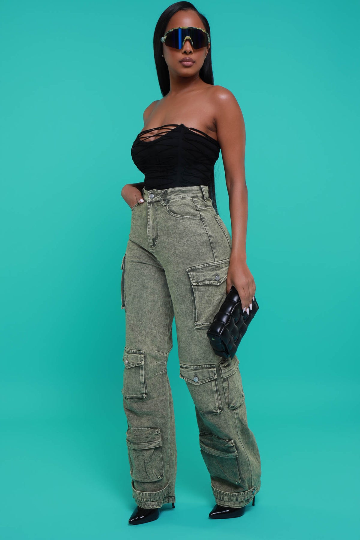 
              Grand Finale Stretchy Cargo Jeans - Olive - Swank A Posh
            