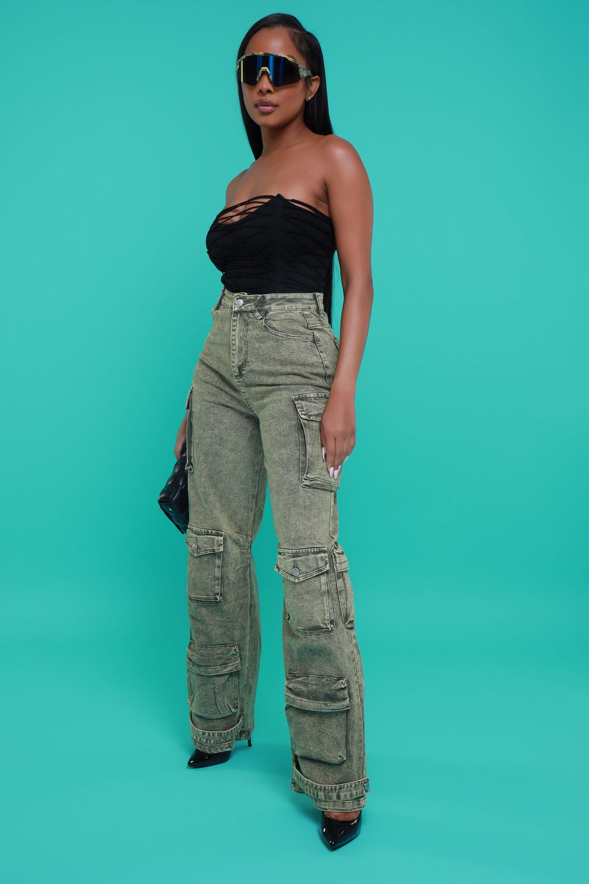 
              Grand Finale Stretchy Cargo Jeans - Olive - Swank A Posh
            