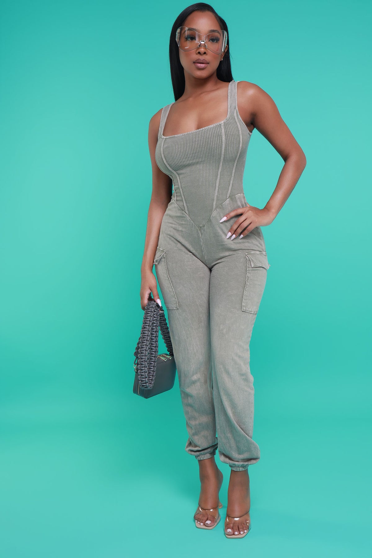 
              Sidetracked Sleeveless Cargo Jumpsuit - Taupe Mineral Wash - Swank A Posh
            