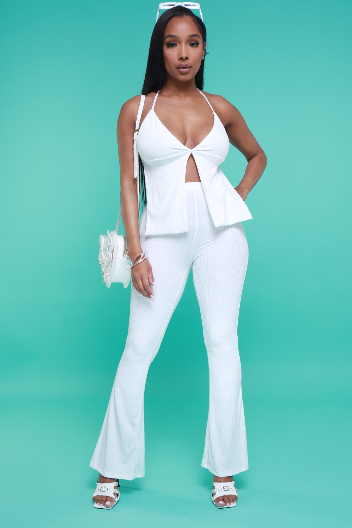 
              Stay Glam Backless Halter Flared Pants Set - White - Swank A Posh
            