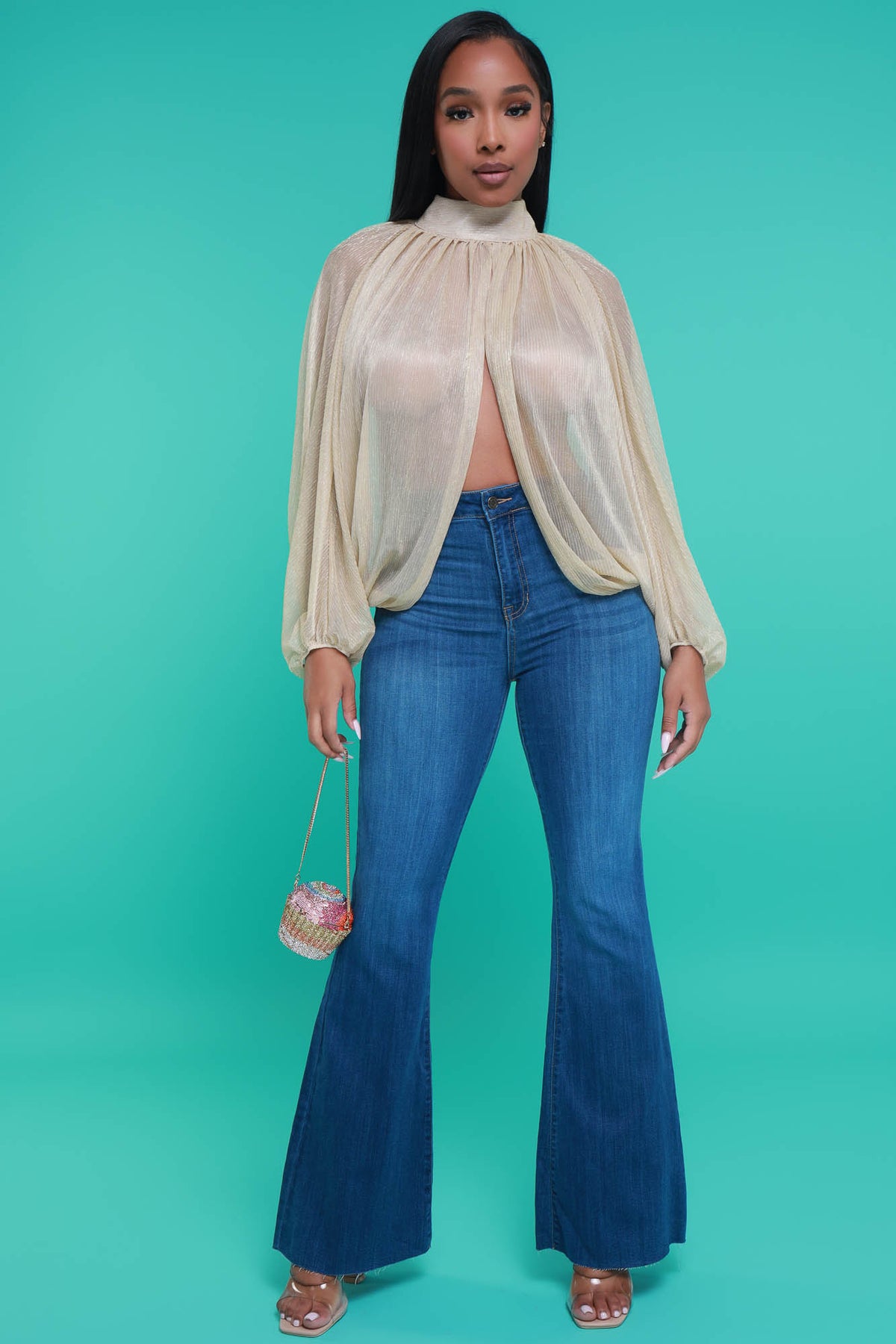 
              Backstage Pass Sheer Open Front Top - Gold - Swank A Posh
            
