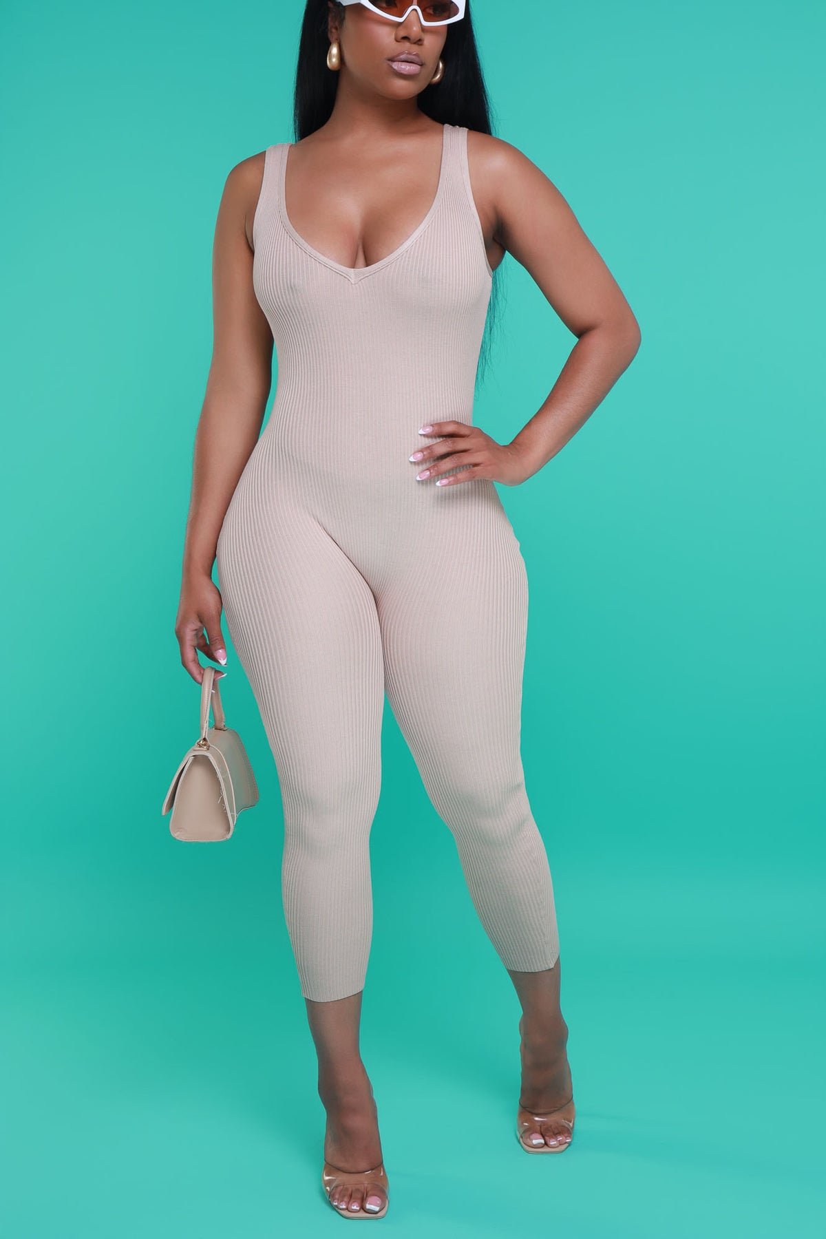 
              Yours Truly Sleeveless Ribbed Jumpsuit - Beige - Swank A Posh
            