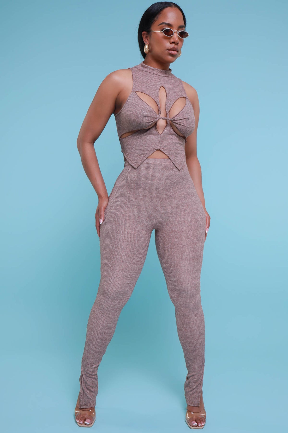
              On Arrival Sleeveless Cut Out Legging Set - Taupe - Swank A Posh
            