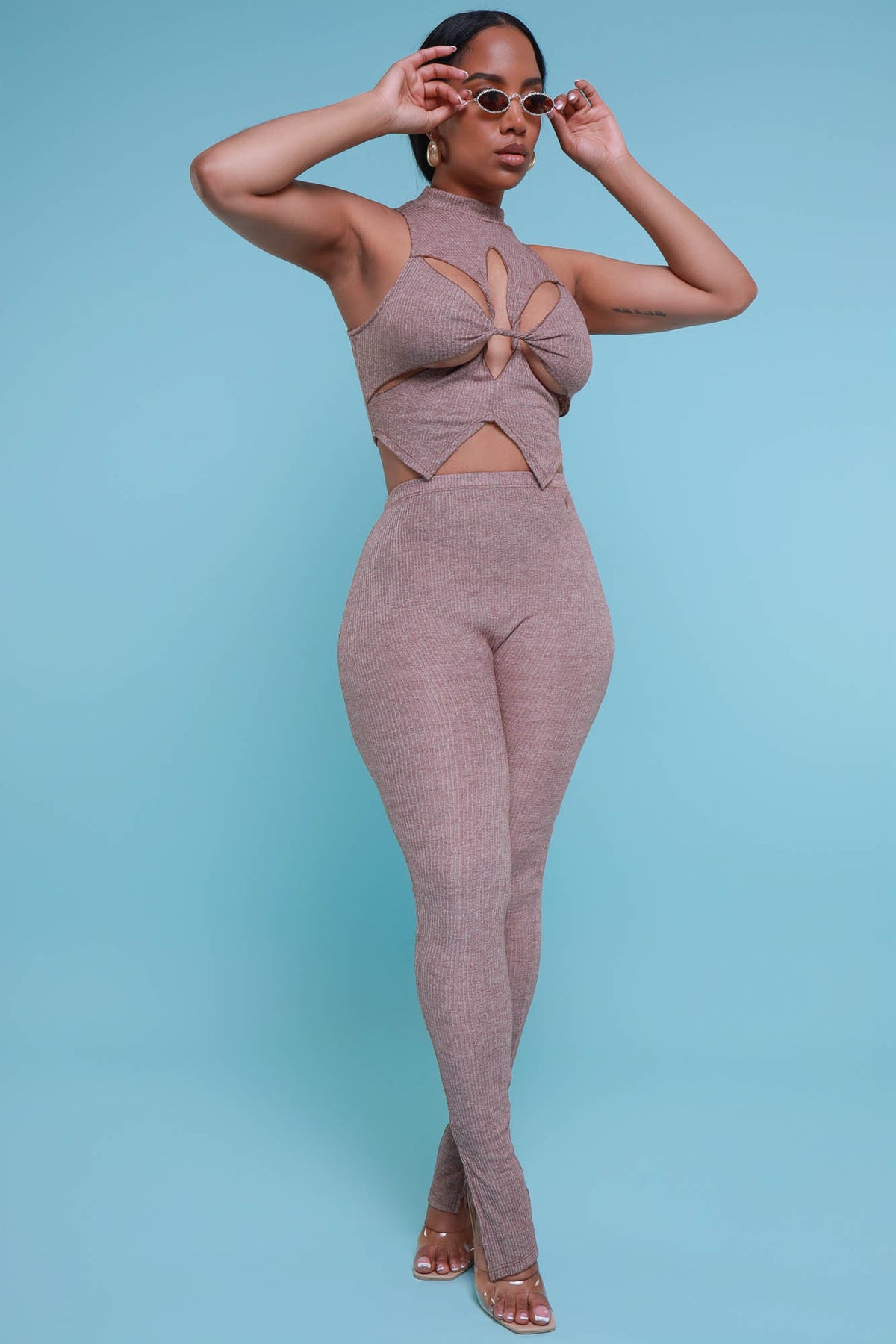 
              On Arrival Sleeveless Cut Out Legging Set - Taupe - Swank A Posh
            