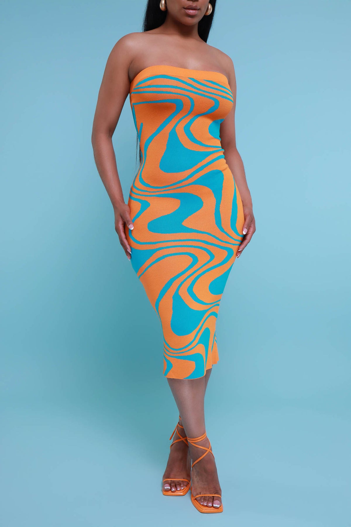 
              So Real Strapless Print Midi Dress - Orange/Blue - Swank A Posh
            