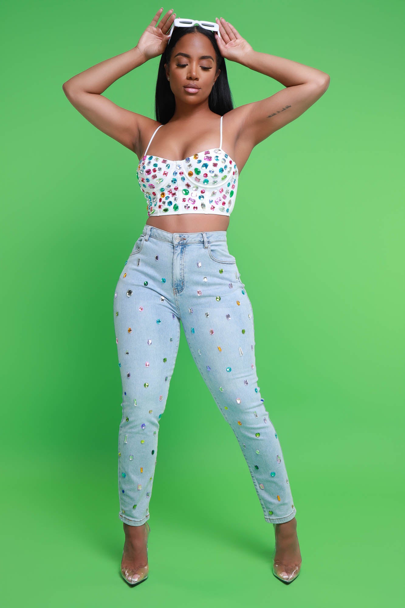 Rich Flex Jewel Embellished Corset Crop Top - Ivory
