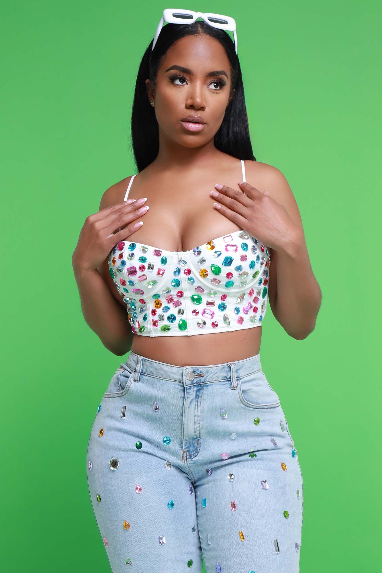 Rich Flex Jewel Embellished Corset Crop Top - Ivory