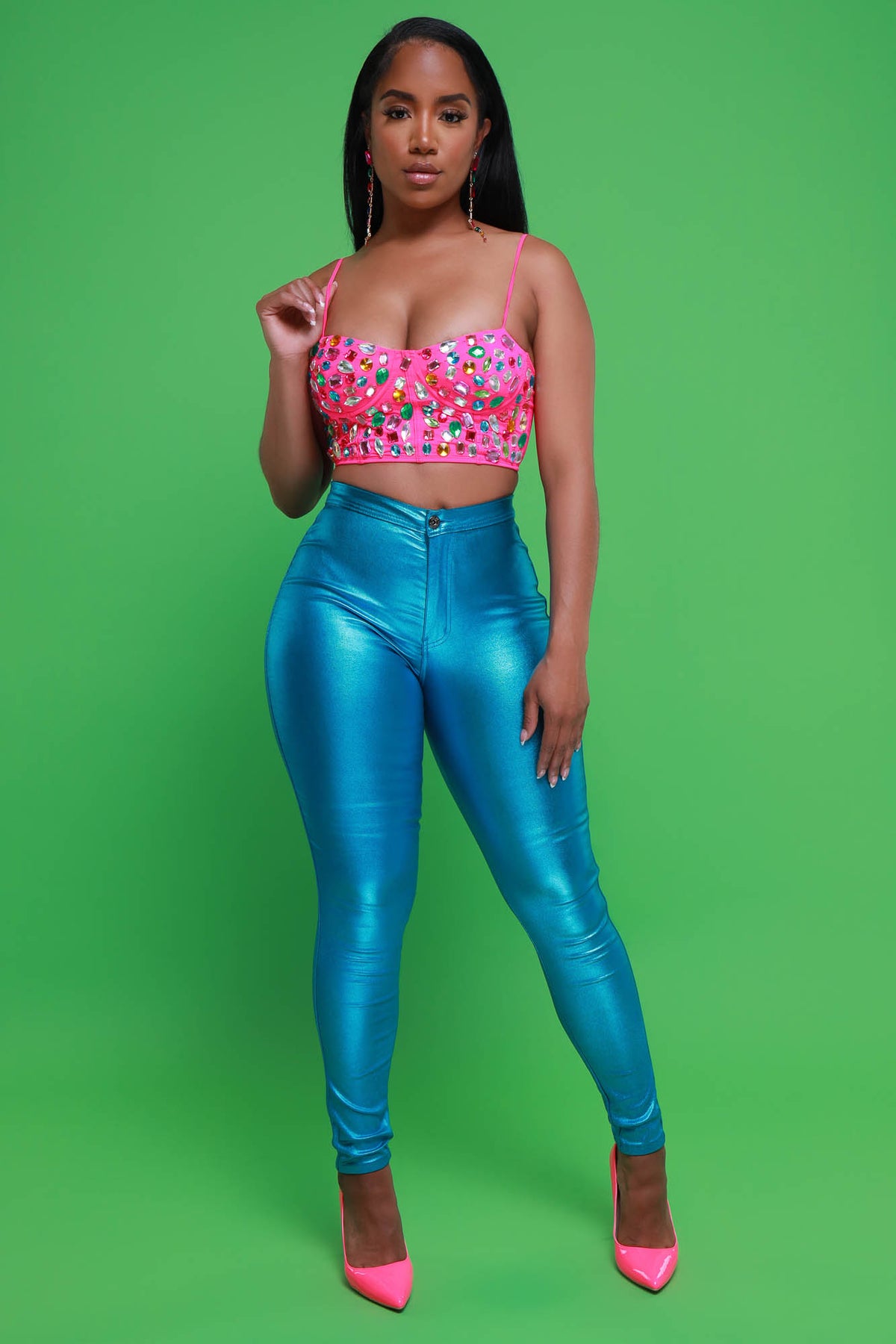 
              Coming In Hot High Rise Metallic Skinny Pants - Turquoise Blue - Swank A Posh
            
