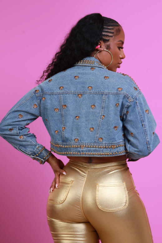 Bear With Me Embellished Cropped Denim Jacket - Med Wash