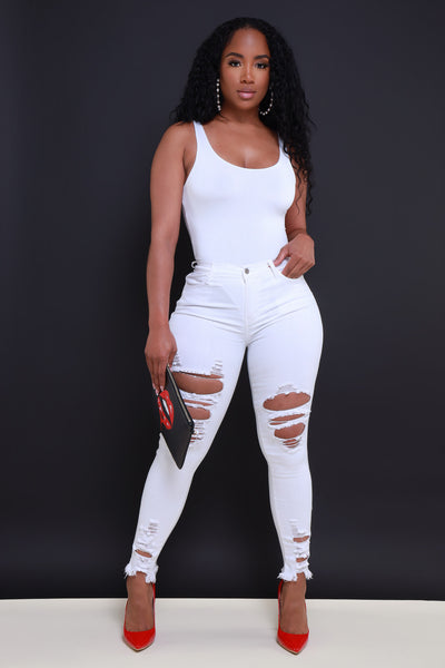 White Tank with White Ripped Jeans and Red Heels casual date night outfit